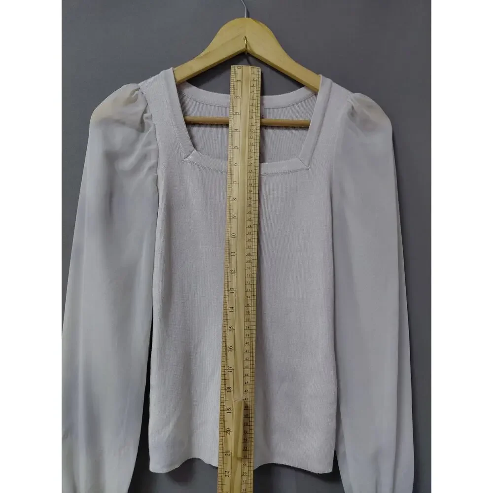 NWT Carmen Marc Valvo Ivory Satin Knit Stretch Puff Sleeve Top Women Size XS - Picture 10 of 13